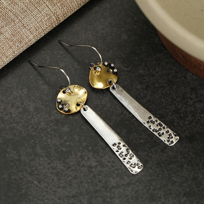 Women's Minimal Retro Dual Tone Long Bar Dangle Hook Earrings